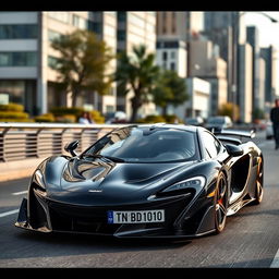 black McLaren P1 with a car plate reading "TN 10 BD 1010", emphasizing its modern and aerodynamic design, set against a dynamic urban landscape that accentuates the car's powerful and luxurious presence