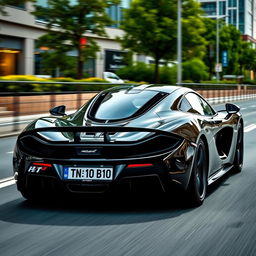 black McLaren P1 with a car plate reading "TN 10 BD 1010", emphasizing its modern and aerodynamic design, set against a dynamic urban landscape that accentuates the car's powerful and luxurious presence