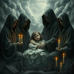 A haunting and surreal poster depicting a solemn apocalyptic sect, with a focus on an ethereal scene where a little girl, appearing peaceful and serene, rests in the embrace of the sect members