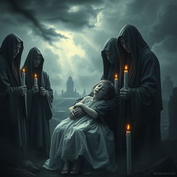 A haunting and surreal poster depicting a solemn apocalyptic sect, with a focus on an ethereal scene where a little girl, appearing peaceful and serene, rests in the embrace of the sect members