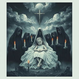 A haunting and surreal poster depicting a solemn apocalyptic sect, with a focus on an ethereal scene where a little girl, appearing peaceful and serene, rests in the embrace of the sect members