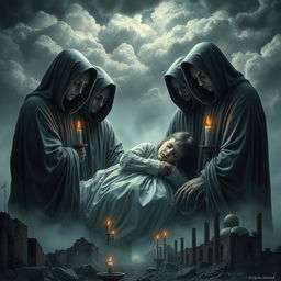 A haunting and surreal poster depicting a solemn apocalyptic sect, with a focus on an ethereal scene where a little girl, appearing peaceful and serene, rests in the embrace of the sect members