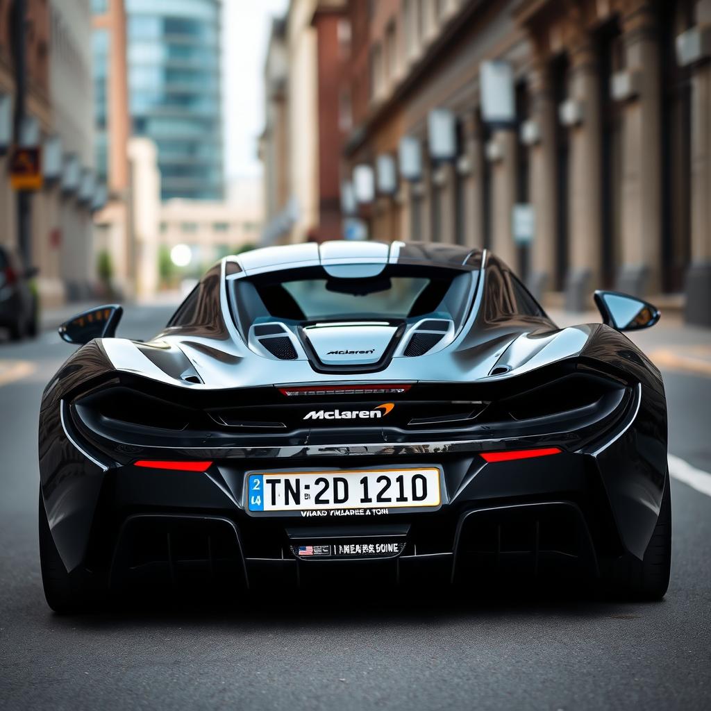 black McLaren P1 with a car plate reading "TN 22 BD 1010", showcasing its sleek and aerodynamic design, captured in a dynamic urban environment that emphasizes its luxurious and powerful presence