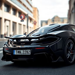 black McLaren P1 with a car plate reading "TN 22 BD 1010", showcasing its sleek and aerodynamic design, captured in a dynamic urban environment that emphasizes its luxurious and powerful presence