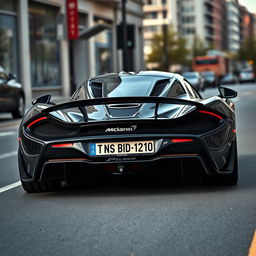 black McLaren P1 with a car plate reading "TN 22 BD 1010", showcasing its sleek and aerodynamic design, captured in a dynamic urban environment that emphasizes its luxurious and powerful presence