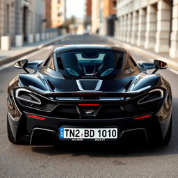 black McLaren P1 with a car plate reading "TN 22 BD 1010", showcasing its sleek and aerodynamic design, captured in a dynamic urban environment that emphasizes its luxurious and powerful presence