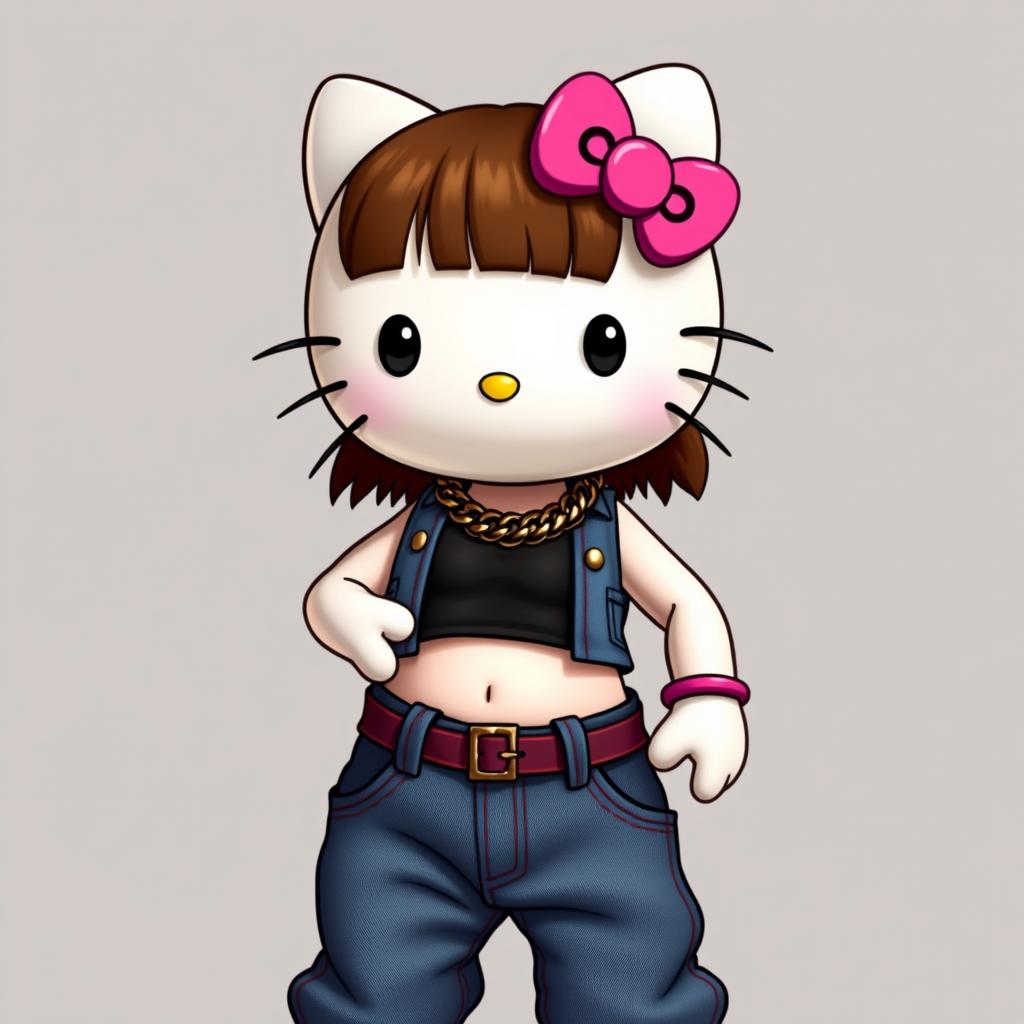 Anthropomorphic Hello Kitty with brown hair styled in bangs, wearing a stylish crop top and baggy jeans adorned with a fashionable chain