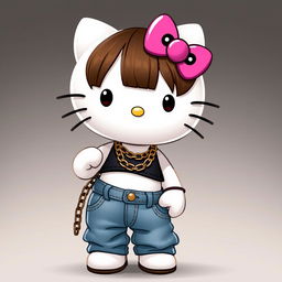 Anthropomorphic Hello Kitty with brown hair styled in bangs, wearing a stylish crop top and baggy jeans adorned with a fashionable chain