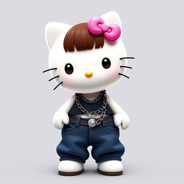 Anthropomorphic Hello Kitty with brown hair styled in bangs, wearing a stylish crop top and baggy jeans adorned with a fashionable chain