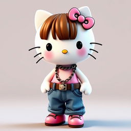 Anthropomorphic Hello Kitty with brown hair styled in bangs, wearing a stylish crop top and baggy jeans adorned with a fashionable chain