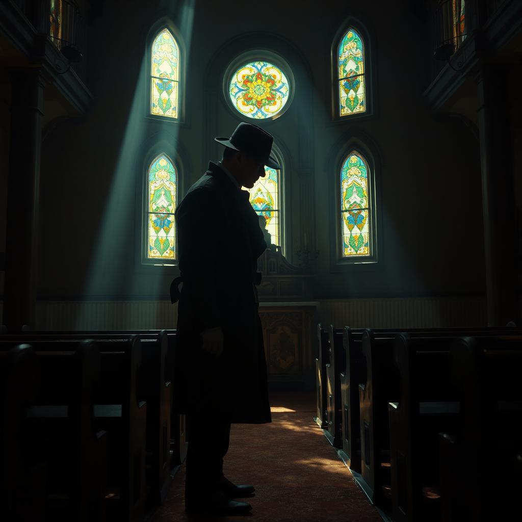 A crime scene inside a rustic, rural chapel, illuminated by the soft, pastel hues of equinoctial light filtering through stained-glass windows