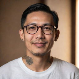 Portrait of a dignified Asian man with expressive eyes and a warm smile, wearing stylish glasses and distinctive neck tattoos, framed by softly illuminated background.