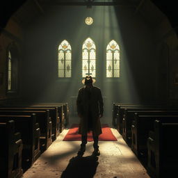 A crime scene inside a rustic, rural chapel, illuminated by the soft, pastel hues of equinoctial light filtering through stained-glass windows