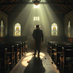 A crime scene inside a rustic, rural chapel, illuminated by the soft, pastel hues of equinoctial light filtering through stained-glass windows