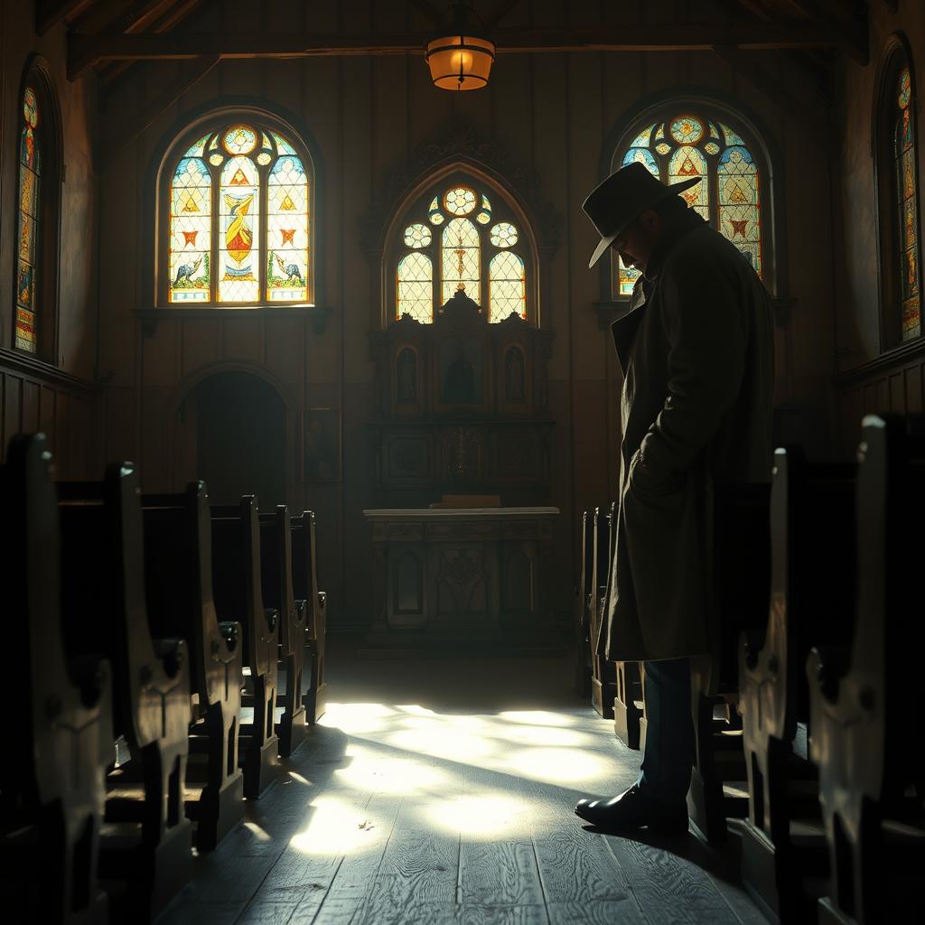 A crime scene inside a rustic, rural chapel, illuminated by the soft, pastel hues of equinoctial light filtering through stained-glass windows