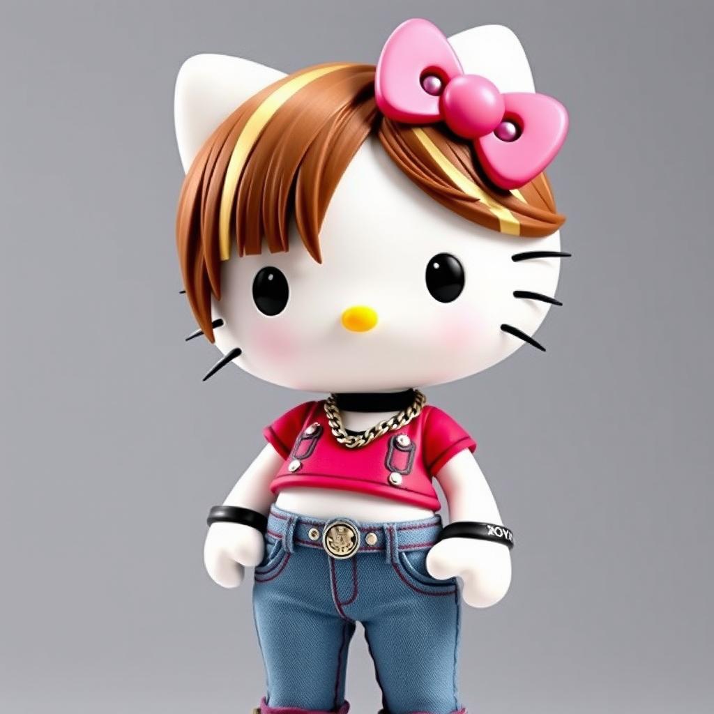 Anthropomorphic Hello Kitty with brown hair featuring stylish bangs and highlights, wearing a trendy crop top paired with fitted jeans and adorned with a fashionable necklace