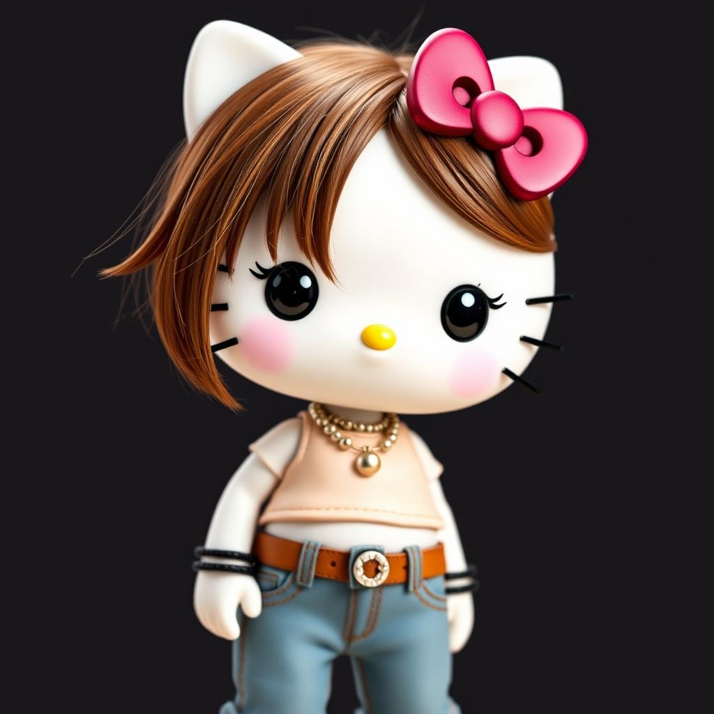 Anthropomorphic Hello Kitty with brown hair featuring stylish bangs and highlights, wearing a trendy crop top paired with fitted jeans and adorned with a fashionable necklace