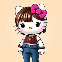 Anthropomorphic Hello Kitty with brown hair featuring stylish bangs and highlights, wearing a trendy crop top paired with fitted jeans and adorned with a fashionable necklace