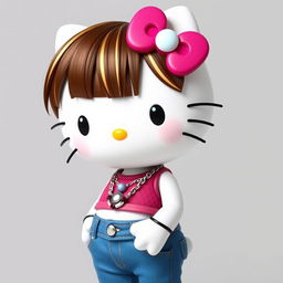 Anthropomorphic Hello Kitty with brown hair featuring stylish bangs and highlights, wearing a trendy crop top paired with fitted jeans and adorned with a fashionable necklace