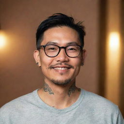 Portrait of a dignified Asian man with expressive eyes and a warm smile, wearing stylish glasses and distinctive neck tattoos, framed by softly illuminated background.