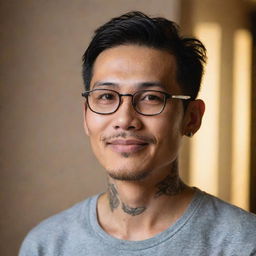 Portrait of a dignified Asian man with expressive eyes and a warm smile, wearing stylish glasses and distinctive neck tattoos, framed by softly illuminated background.