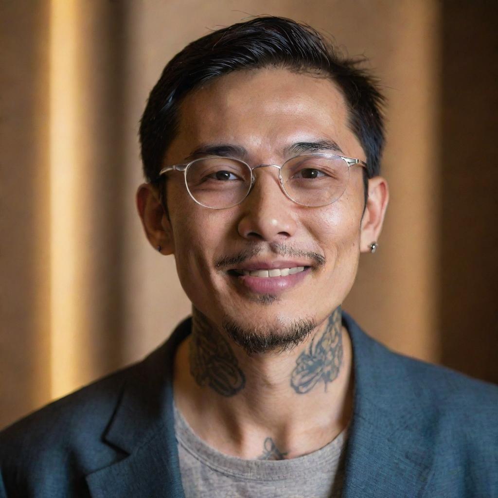 Portrait of a dignified Asian man with expressive eyes and a warm smile, wearing stylish glasses and distinctive neck tattoos, framed by softly illuminated background.