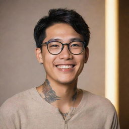 Portrait of a youthful Asian man with an engaging smile. He's wearing fashionable glasses and has distinctive tattoos adorning his neck, framed by a softly illuminated background.