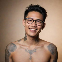 Portrait of a youthful Asian man with an engaging smile. He's wearing fashionable glasses and has distinctive tattoos adorning his neck, framed by a softly illuminated background.