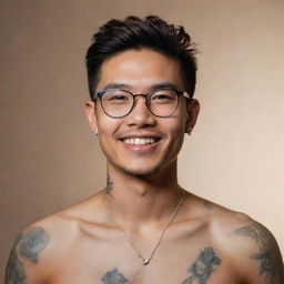 Portrait of a youthful Asian man with an engaging smile. He's wearing fashionable glasses and has distinctive tattoos adorning his neck, framed by a softly illuminated background.