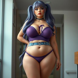 A curvaceous woman with an oval body shape, featuring large and full breasts, a large butt and thighs, and a slightly plump body