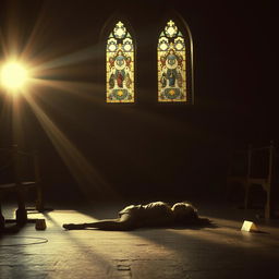 A dramatic zenithal shot capturing a film noir scene in a dimly lit chapel