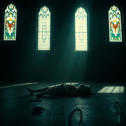 A dramatic zenithal shot capturing a film noir scene in a dimly lit chapel