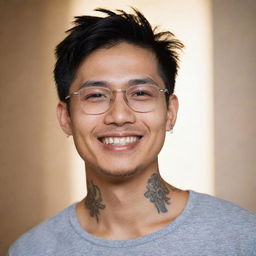 Portrait of a youthful Asian man with an engaging smile. He's wearing fashionable glasses and has distinctive tattoos adorning his neck, framed by a softly illuminated background.