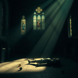 A dramatic zenithal shot capturing a film noir scene in a dimly lit chapel