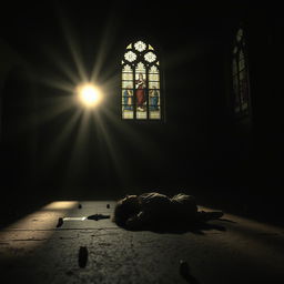 A dramatic zenithal shot capturing a film noir scene in a dimly lit chapel