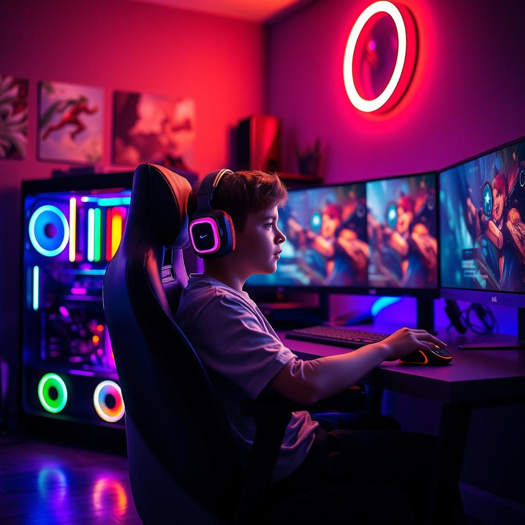 A teenage boy sitting in a high-end gaming chair in front of an advanced gaming PC setup