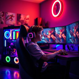 A teenage boy sitting in a high-end gaming chair in front of an advanced gaming PC setup