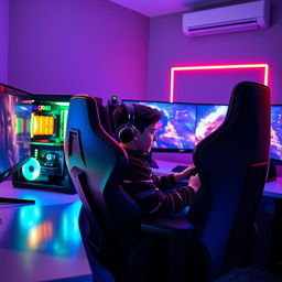 A teenage boy sitting in a high-end gaming chair in front of an advanced gaming PC setup