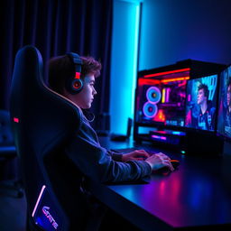 A teenage boy sitting in a high-end gaming chair in front of an advanced gaming PC setup