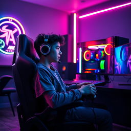 A teenage boy sitting in a high-end gaming chair in front of an advanced gaming PC setup