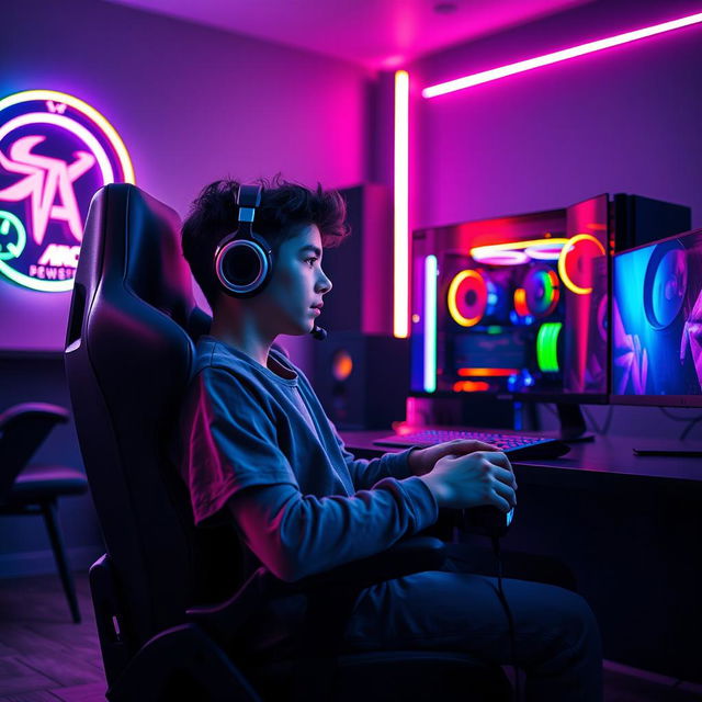 A teenage boy sitting in a high-end gaming chair in front of an advanced gaming PC setup