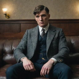 Thomas Shelby, in all his intimidating glory, sitting sternly on a sofa.