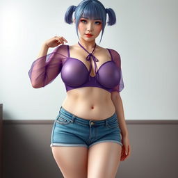 realistic depiction of a voluptuous woman with an oval body shape, characterized by her large and full breasts, large buttocks and thighs, and slightly plump physique