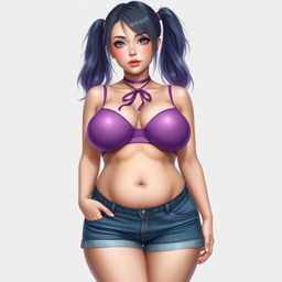 realistic depiction of a voluptuous woman with an oval body shape, characterized by her large and full breasts, large buttocks and thighs, and slightly plump physique