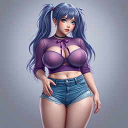 realistic depiction of a voluptuous woman with an oval body shape, characterized by her large and full breasts, large buttocks and thighs, and slightly plump physique