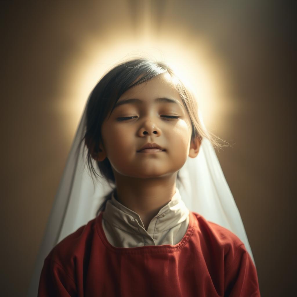 A zenithal shot capturing a religious image of a young girl with her eyes peacefully closed