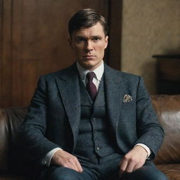 Thomas Shelby, in all his intimidating glory, sitting sternly on a sofa.