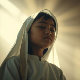 A zenithal shot capturing a religious image of a young girl with her eyes peacefully closed