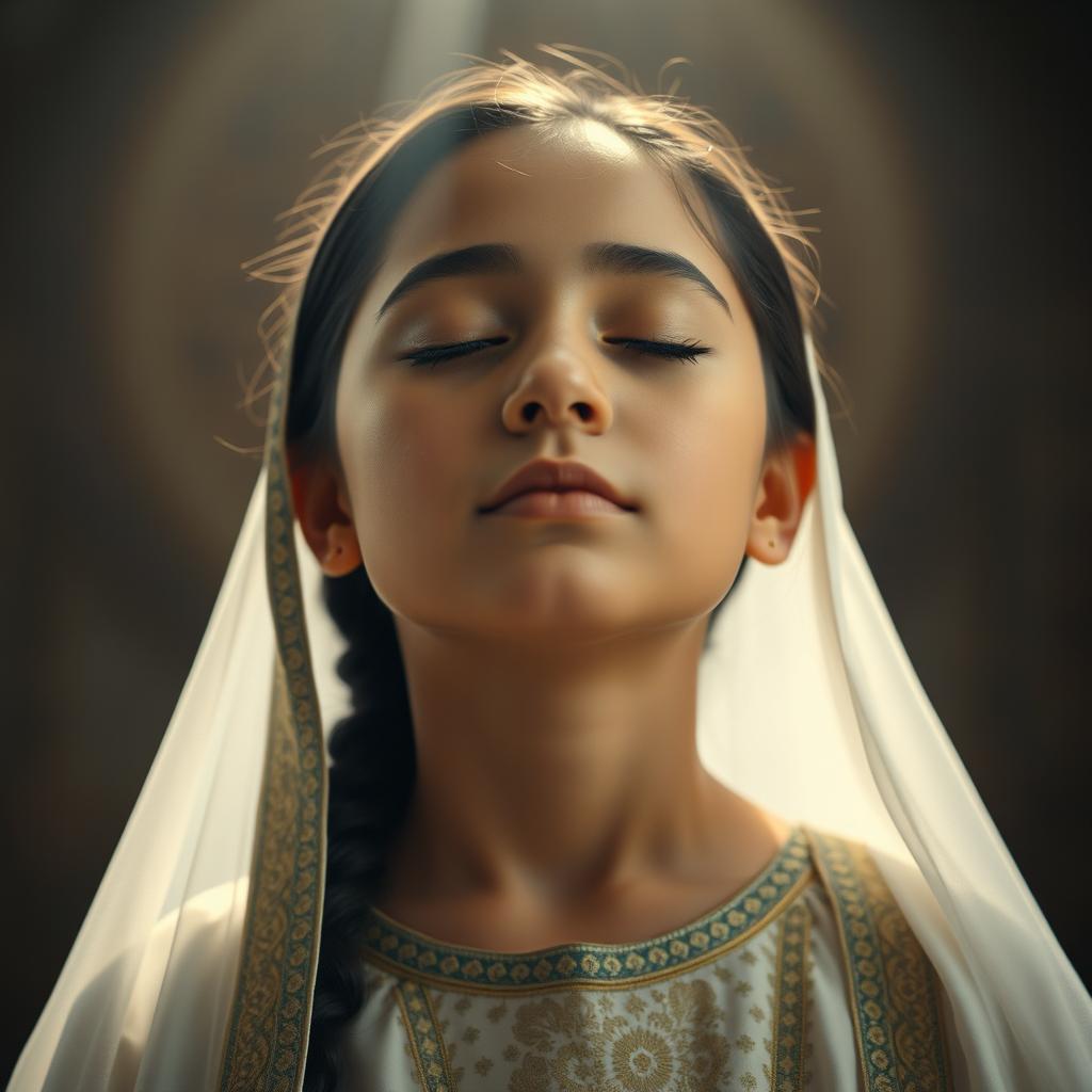 A zenithal shot capturing a religious image of a Caucasian Latina girl with her eyes closed, suggesting a moment of spiritual reflection