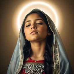 A zenithal shot capturing a religious image of a Caucasian Latina girl with her eyes closed, suggesting a moment of spiritual reflection